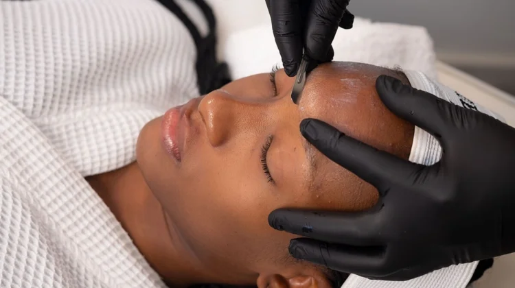 Gros plan d'une esthéticienne réalisant un dermaplaning sur une cliente en institut
